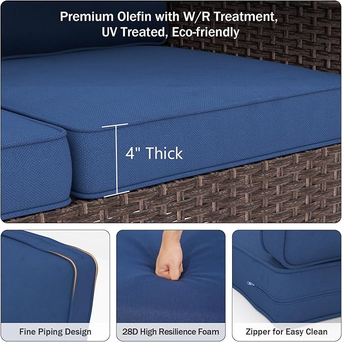 Outdoor Chair Cushions 23" x 24" x 4", Patio Deep Seat Replacement Cushions Set with Zippered Removable Cover, Weather-Resistant Olefin Fabric for Garden Chair Sofa Couch, Blue