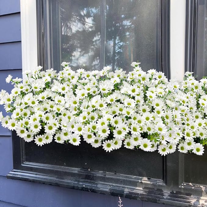 16 Bundles Silk Daisy Artificial Flowers for Outdoors UV Resistant Fake Daisies Plastic Plants Flower for Home Outside Front Door Porch Garden Patio Planters Decoration (White)