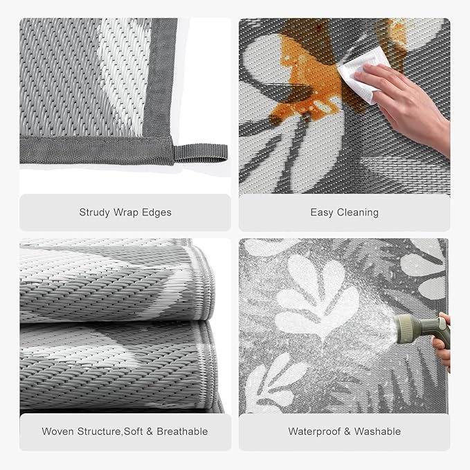 wikiwiki 9x12ft Outdoor Rug, Reversible Plastic Patio Rug Waterproof, Indoor Outdoor Carpet Clearance, Large Area Carpet for Patio Deck Balcony Pool RV Camping Beach Picnic, Grey Small Leaves