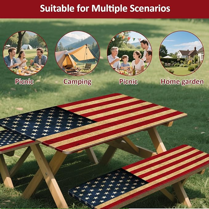 KENOBEE Picnic Table Cover with Bench Covers 8FT 3PCS, Camping Essentials Waterproof Windproof Tablecloth with Drawstring Bag, Fitted Rectangle Tables and Seats, 96", US Flag