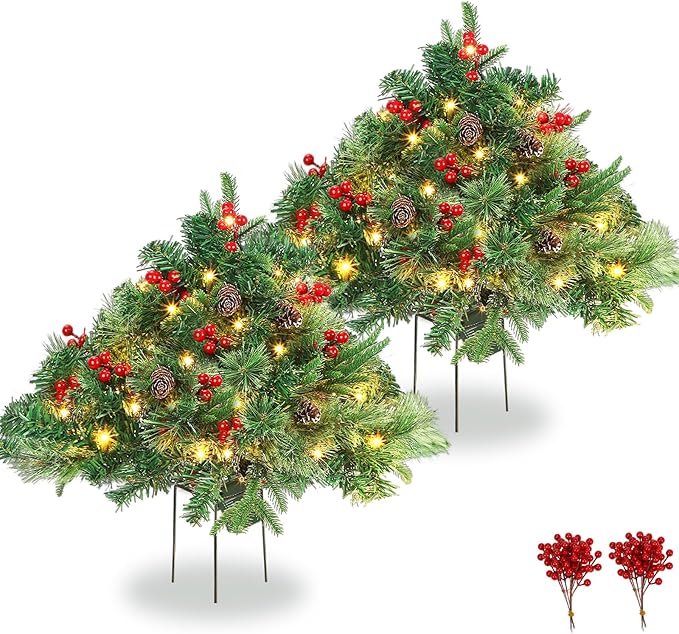 Tigeen 2 Pcs 22 Inch Timer Prelit Christmas Urn Filler, Outdoor Planter Pots Filler Prelit Xmas Pine Trees with Cones and Red Berries 50 Warm White LED with 8 Light Modes for Yard Porch Decor(Classic)