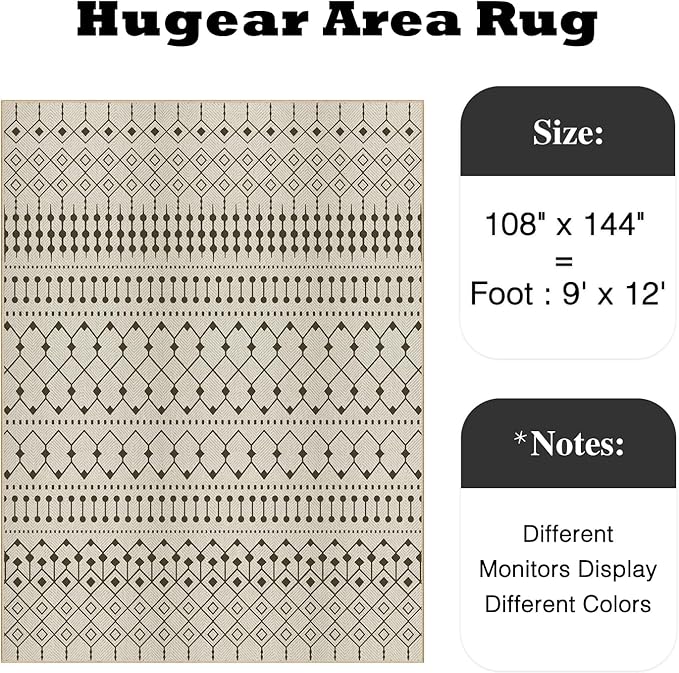 HUGEAR 9x12 Outdoor Rug Black/Beige Linen-Look Fabric Boho Area Rug High Traffic Stain Resistant Easy Clean Durable Rugs for Indoor/Outdoor Patio Deck Balcony Porch Garden Courtyard