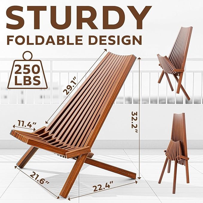 Melino 2PCS Wooden Folding Tamarack Chairs, FSC Certified Acacia Low Profile Adirondack Chairs, Wood Folding Chair for Outdoor, Patio, Porch, Pool, Backyard, Garden, Balcony and Deck - Chestnut - Pair