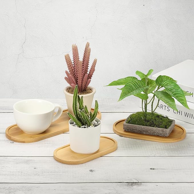PATIKIL Bamboo Wood Saucer, 7x4 Inch Rectangular Wooden Plant Drainage Tray Bonsai Plants Saucer Succulent Pot for Home Balcony