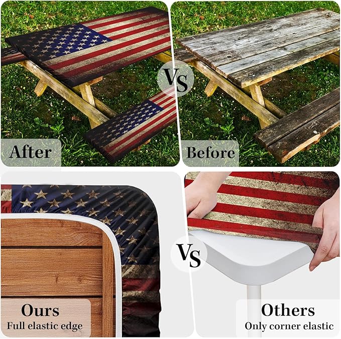 Picnic Table Cover with Bench Covers Elastic Edges, American Flag Fitted Table Cover, Outdoor Patio Camping Essentials 72 Inch 3PCS, Waterproof Camping Fitted Tablecloth with Drawstring Bag