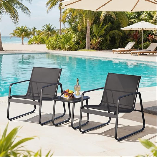 Gizoon Patio Chairs Set of 2, Patio Fumiture Set with Metal Fframe Glass Table, Outdoor Chairs Set of 2 for Balcony Bistro Table and Chair Set for Lawn, Black