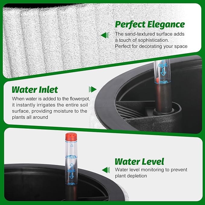 14.2" Tall Planters Set of 2, Large Indoor/Outdoor Self-Watering Plant Pots with Drainage, Water Level Monitor & Wheels, Flower Pots for Patio, Porch, Living Room, Home Office