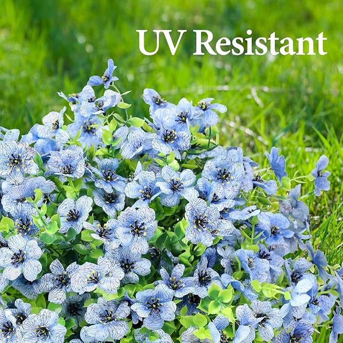 Artificial Flowers Outdoor Faux Plants UV Resistant Fake Patio Flowers Plastic Greenery Plnats Outside Bulk for Spring Garden Hanging Planter Home Vase Decor, 24 Bundles (Blue)