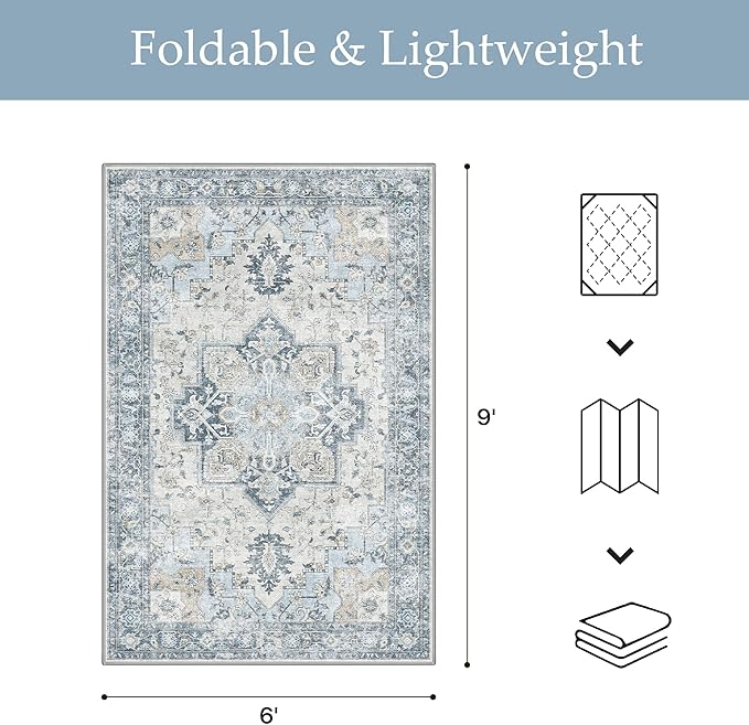 GENIMO Outdoor & Indoor Area Rug 6'x9', Waterproof, Non-Shedding, Easy Cleaning, Boho Mat for Patio, Living Room, Balcony, Dining Room, RV, Deck, Bedroom, Camping, Outside Carpet,Blue