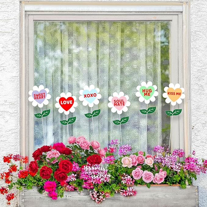 BreezeHug 6 Pcs 3.9 Inch Valentine's Day Heart Shaped Conversation Flower Stakes Outdoor Garden Planter Stakes Sign Valentine Flower Stick Pink Red Decorative for Anniversary Yard Patio(Colorful)