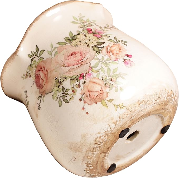 Ceramic Flower Vase, Rustic Farmhouse Vases & Planting Pots with Drainage, European Home Decor for Mantel Fireplace Bookshelf Wedding Centerpieces, Pink Rose Floral