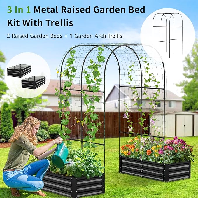 DoCred 3 in 1 Raised Garden Bed with 87in Tall Arch Trellis for Climbing Plants, Galvanized Planter Garden Box Outdoor for Gardening, Climbing Vegetables, Flower, Black