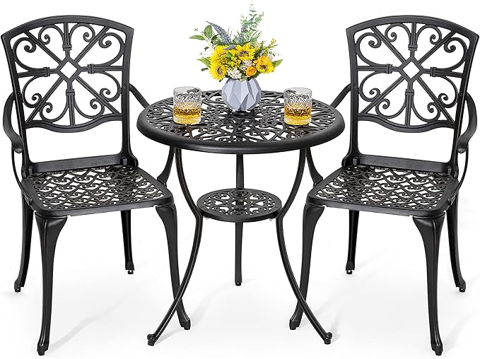 NUU GARDEN 3 Piece Outdoor Bistro Set Cast Aluminum Bistro Table Set Patio Table and Chairs with Umbrella Hole for Backyard, Balcony, Front Porch, Black