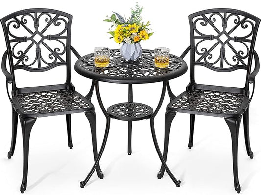 NUU GARDEN 3 Piece Outdoor Bistro Set Cast Aluminum Bistro Table Set Patio Table and Chairs with Umbrella Hole for Backyard, Balcony, Front Porch, Black