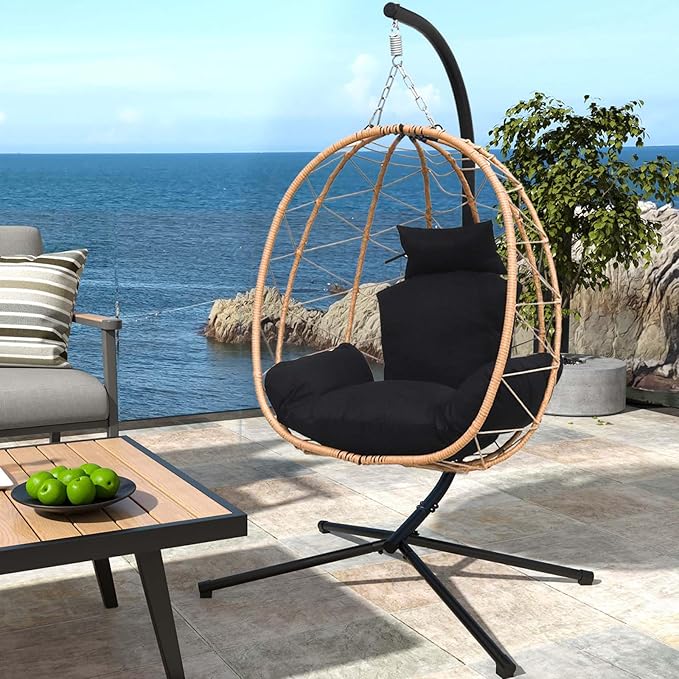Hanging Egg Chair with Stand Indoor Swinging Chair Outdoor Hammock Egg Chair for Patio, Bedroom, Garden and Balcony (Black, Small)