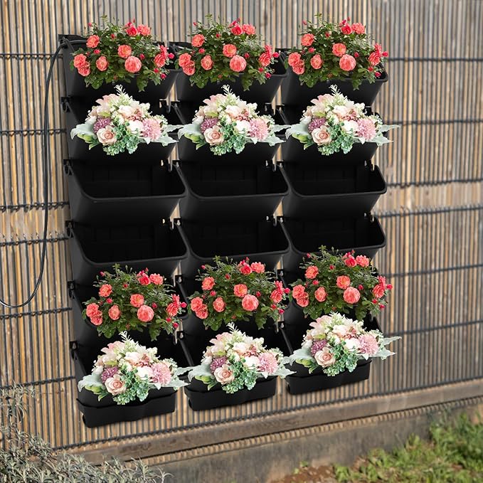 Self-Watering Wall-Mounted Planter, 18 Pots Wall Mounted Plastic Plant Grow Pot Vertical Garden Planter with Intelligent Control & Adjustable Irrigation System for Indoor Outdoor (Black, 18 Pots)