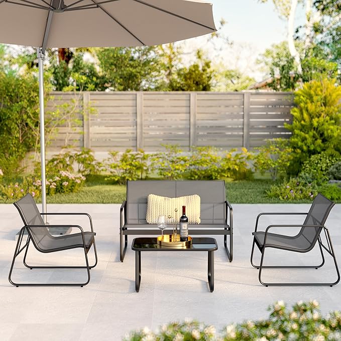Gizoon 4 Piece Patio Furniture Set, Outdoor Conversation Set, with Glass Coffee Table, Loveseat, 2 Single Chairs, All Weather Textile Fabric, for Backyard, Balcony, Lawn, Garden, Poolside, Grey