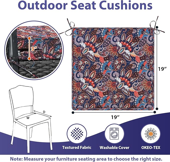 Outdoor Chair Cushions Set of 4,Waterproof Outdoor Seat Cushions for Patio Furniture,Patio Chair Cushion with Handle and Ties, Out Door Chair Pads,19" x 19" x 3", Artistic Floral