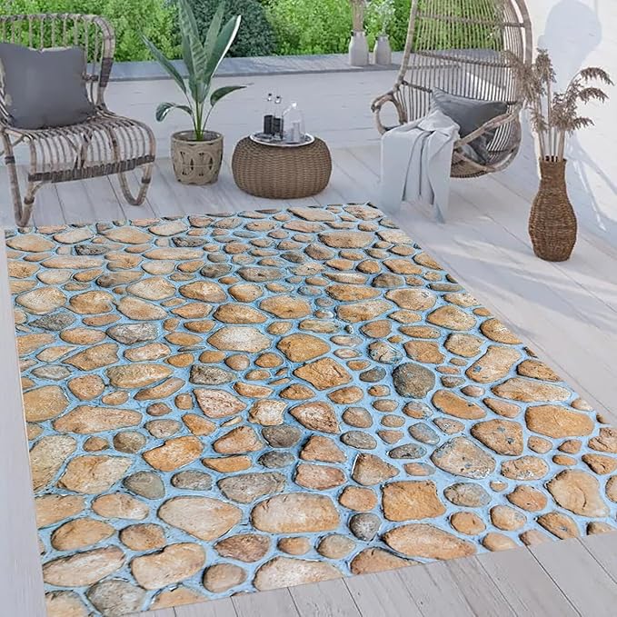 Blue Beige Brown Pebbles Modern Farmhouse Outdoor Rugs 10x12 Natural Non Shedding Waterproof Thin Cozy Beach House Carpets for Patios Poolside Balcony Backyard Deck Porch Low Pile Floor Mats