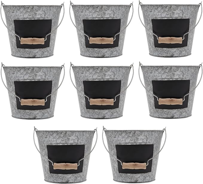 Hosley Galvanized Metal Chalkboard Bucket with Wooden Handle 7 Inch Dia – Set of 8 Rustic Farmhouse Floral Planter, Ideal for Home Décor, Office, Party, Wedding, Indoor, Outdoor or Tabletop Décor