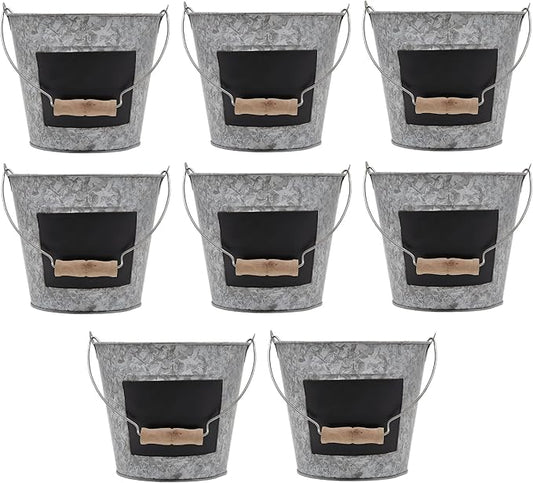 Hosley Galvanized Metal Chalkboard Bucket with Wooden Handle 7 Inch Dia – Set of 8 Rustic Farmhouse Floral Planter, Ideal for Home Décor, Office, Party, Wedding, Indoor, Outdoor or Tabletop Décor