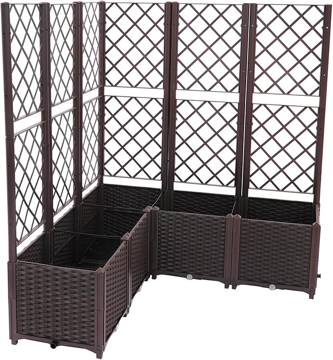 5PCS Raised Garden Bed with Treliis, Freestanding Garden Planter, Detachable Outdoor Planter Box, Vertical Garden Beds with Water Storage Mechanism for Climbing Growing, Backyard (Brown)