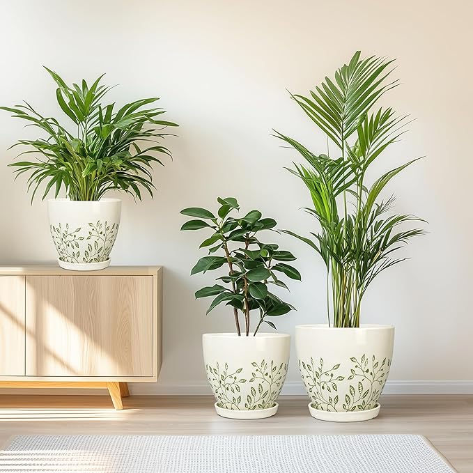 Ceramic Pots for Indoor Plants - 10+8+6 Inch Planters with Drainage Holes and Saucers, Decorative Boho Round Indoor Planters Pots, Room Decor, Gifts for Plant Lovers, Set of 3, White