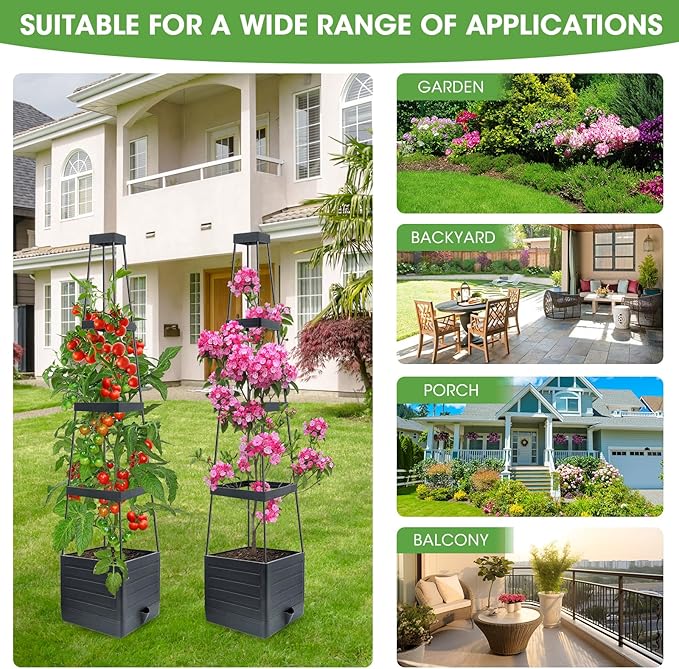 Self-Watering Garden Bed, Raised Garden Bed Planter Box Outdoor, 58” Tomato Cage Planter for Vegetables, Flowers, Herbs, and Fruit, Outdoor Indoor,5 Gallon Capacity