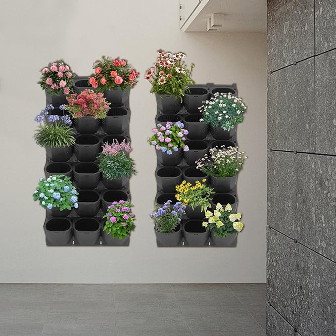 Wall Planter with 36 Pots, Vertical Garden Wall-Mounted Indoor & Outdoor Flower Pot Holder for Herbs, Vegetables, Succulents, Plastic Planter with Drainage Holes (Black)