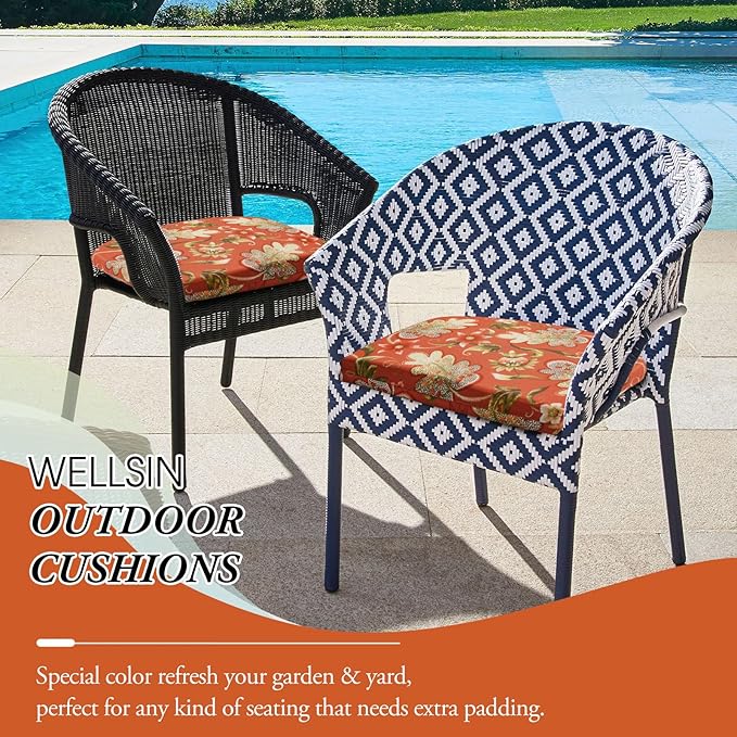 Wellsin Outdoor Chair Cushions for Patio Furniture - Patio Chair Cushions Set of 4 - Water Resistant Round Corner Outdoor Seat Cushions 17"X16"X2", Flower Red
