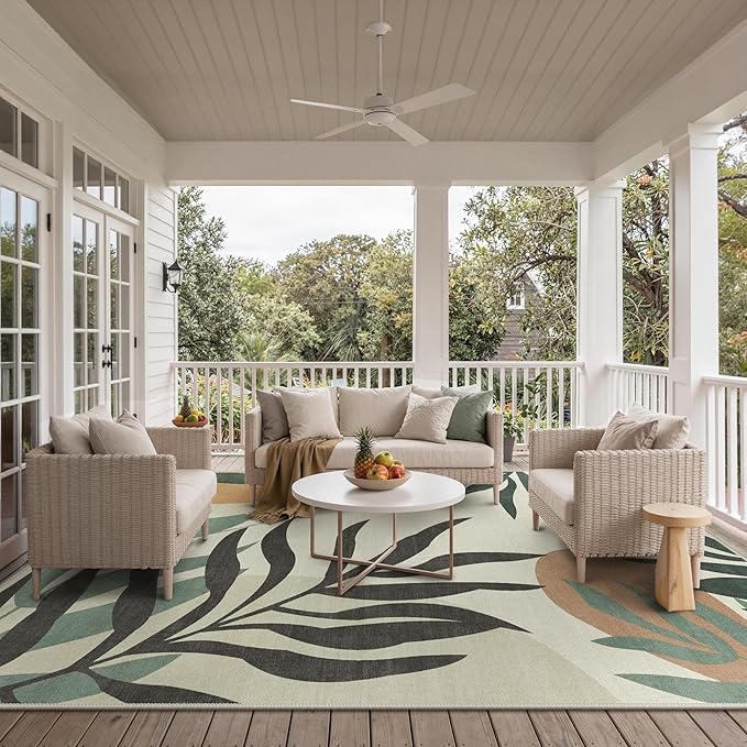 GENIMO Outdoor & Indoor Area Rug 10'x14', Waterproof, Non-Shedding, Easy Cleaning, Leaf Mat for Patio, Living Room, Balcony, Dining Room, RV, Deck, Bedroom, Camping, Outside Carpet, Beige Grey