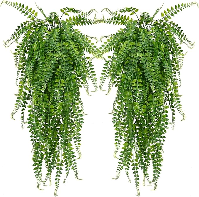 SzJias Artificial Hanging Plants Ferns Faux Fake Plants for Patio Porch Outdoor Decor (2 Pcs)