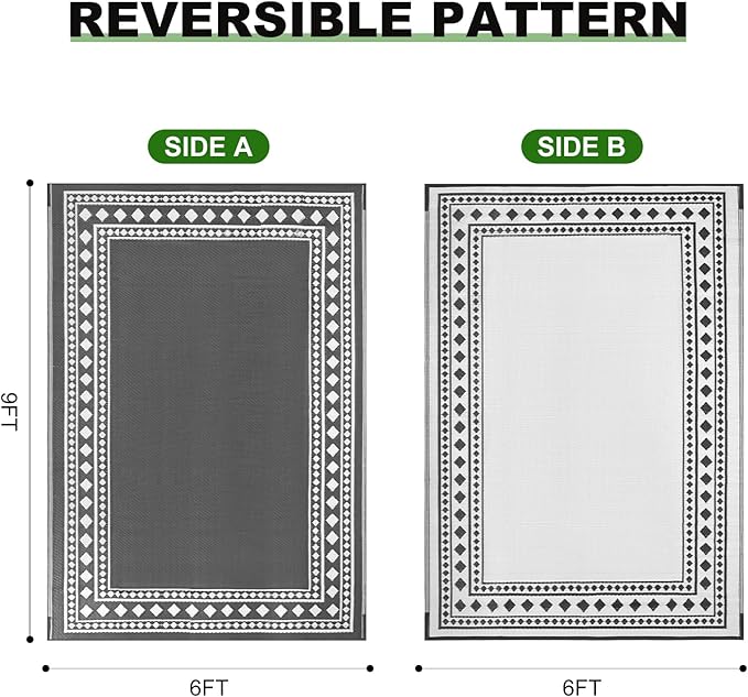 RURALITY Outdoor Rugs 6x9 Waterproof for Patios Clearance,Plastic Straw Mats for Backyard,Porch,Deck,Balcony,Grey and White