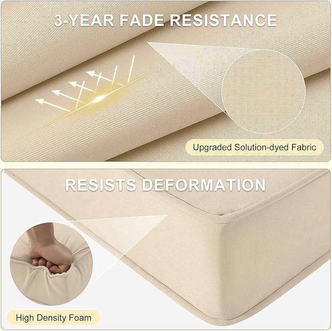 downluxe Waterproof Outdoor Chair Cushions Set of 4, 19" x 19" x 3" Patio Chair Cushion with Non-Slip Ties & Handle, Square Outdoor Cushion for Patio Furniture with Removable Cover, Beige