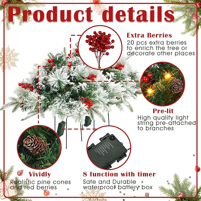Tigeen 2 Pcs 22 Inch Timer Prelit Christmas Urn Filler, Outdoor Planter Pots Filler Prelit Xmas Pine Trees with Cones and Red Berries 50 Warm White LED with 8 Light Modes for Yard Porch Decor(Snow)