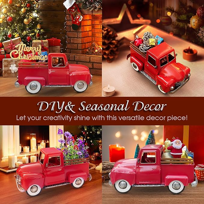 Vintage Red Metal Truck Decor, Red Truck Christmas Decor, Decorative Tabletop Storage,Farmhouse Pickup Truck Planter for Garden Home Holiday Decor