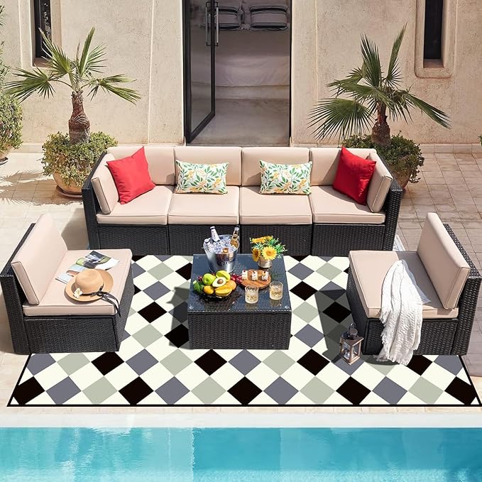 WILDROOTS 5x8 Feet Bega Blocks Plastic Outdoor Rug, Stain Resistant Waterproof Reversible Outdoor Patio Rug, Fade Resistant Camping Rug