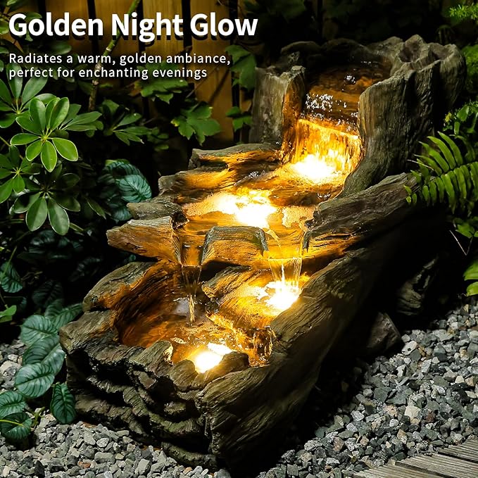 34.5" L Garden Outdoor Water Fountain, Floor Standing Wood Imitation Resin Natural Waterfall Fountains with LED Lights for Patio, Porch, Home Art Decor