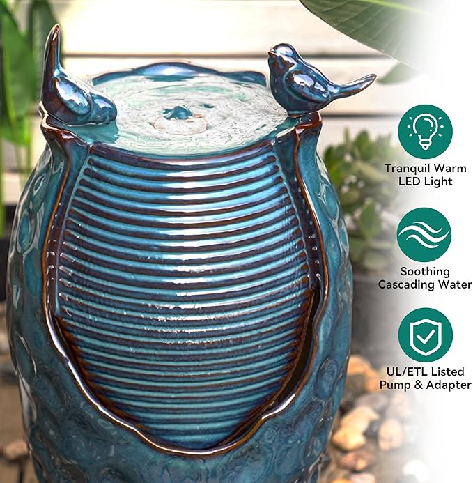 24.8" Ceramic Jar Outdoor Fountain, Honeycomb Pot Water Feature with LED Lights, Soothing Trickling Waterfall for Garden, Patio, Yard, Balcony or Porch Oasis, Turquoise Glaze, KD Vivid Birds