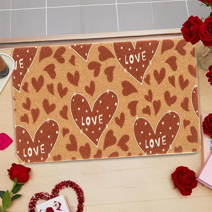 Valentines Welcome Mats for Front Door, Indoor, Outdoor Entrance, Red Love Decor Seasonal Anniversary Wedding Faux-Coir Porch Thin Doormat, Non-Slip Heart-Rug 17"x30" Low-Profile Dirt-Trapping Mat