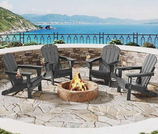 Folding Adirondack Chair Set of 4, All-Weather HDPE Outdoor Chair, Wooden Textured with Cup Holder for patios, Decks, Gardens, fire pits, Grey