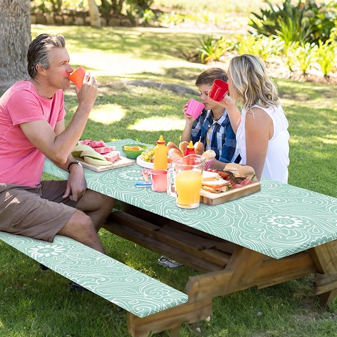 Picnic Table Cover with Bench Covers Elastic Edges, Boho Camper Fitted Table Cover, Outdoor Patio Camping Essentials 72 Inch 3PCS, Waterproof Camping Fitted Tablecloth with Drawstring Bag