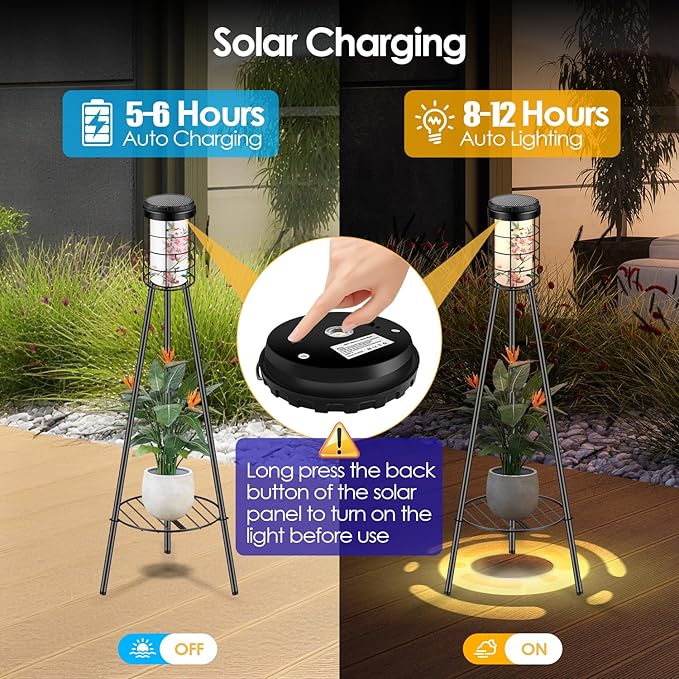 2 Pack Outdoor Solar Floor Lamp with Plant Stand, Hummigbird Print, Solar & USB 2 Way Charging, Garden Decor Gifts for Women Mom Grandma