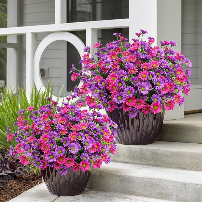 16 Bundles Silk Daisy Artificial Flowers for Outdoors UV Resistant Fake Daisies Plastic Plants Flower for Home Outside Front Door Porch Garden Patio Planters Decoration (Double Purple)