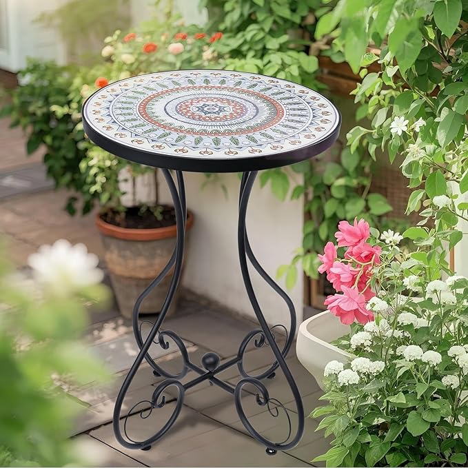 VCUTEKA Mosaic Outdoor Side Table, Round Rustproof Patio Tables with 14" Ceramic Tile Top, Indoor Porch Accent Table for Yard, Garden, Living Room, Bistro Balcony, Green
