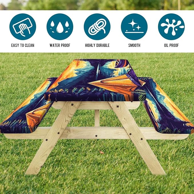 3PCS Picnic Table Cover with Bench Cover Forest Landscape Boat Tent Pattern Camping Tablecloth Fitted Picnic Table Cover with Elastic Windproof Waterproof, Outdoor & Garden Camping Accessories 96IN