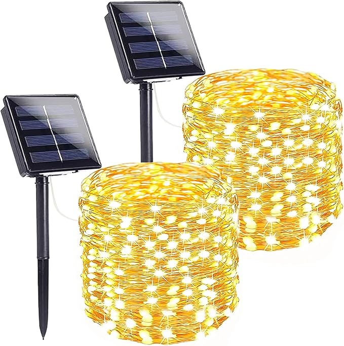 2-Pack Solar String Lights for Outside, Total 200LED Solar Fairy Lights Waterproof, Outdoor Twinkle Lights Copper Wire 8 Modes Solar Powered Lights for Xmas Tree Garden Party Wedding Decor(Warm White)