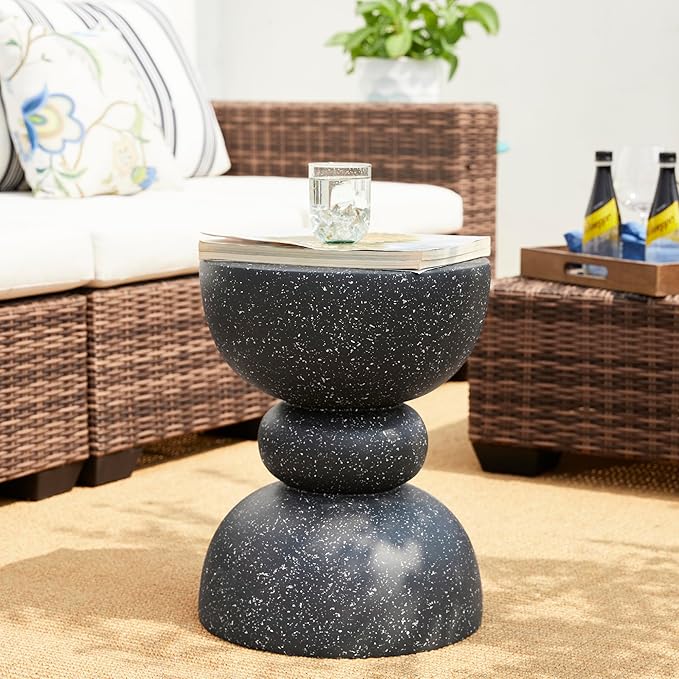 Glitzhome Decorative Patio Side Table Set of 2, 17.5" H Heavy Duty Patio Sturdy Black Faux Terrazzo Garden Stool Side Table Planter Stand for Indoor Covered Outdoor