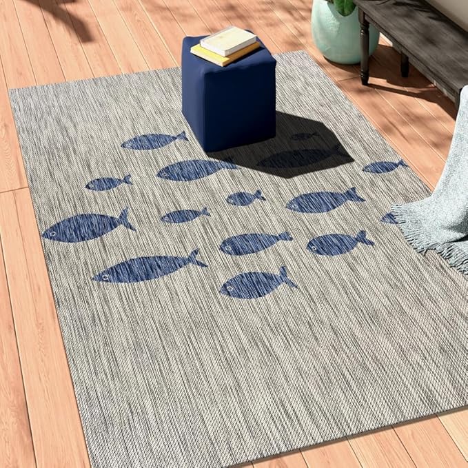 LR Home 8x10 Indoor/Outdoor Area Rug for Home Decor | Coastal School of Fish Large Size Carpet for Living Room, Bedroom, Playroom, Patio, Garden | Modern Farmhouse Rug | Gray/Navy