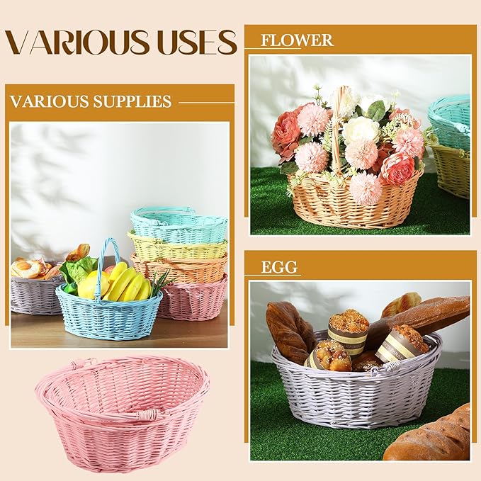 Barydat 6 Pcs Small Wicker Picnic Basket with Handle Flower Girl Baskets Oval Willow Woven Braided Gift Basket for Easter Weddings Baby Shower Home Garden Decor (Multicolor,12'' x 9'' x 5'')